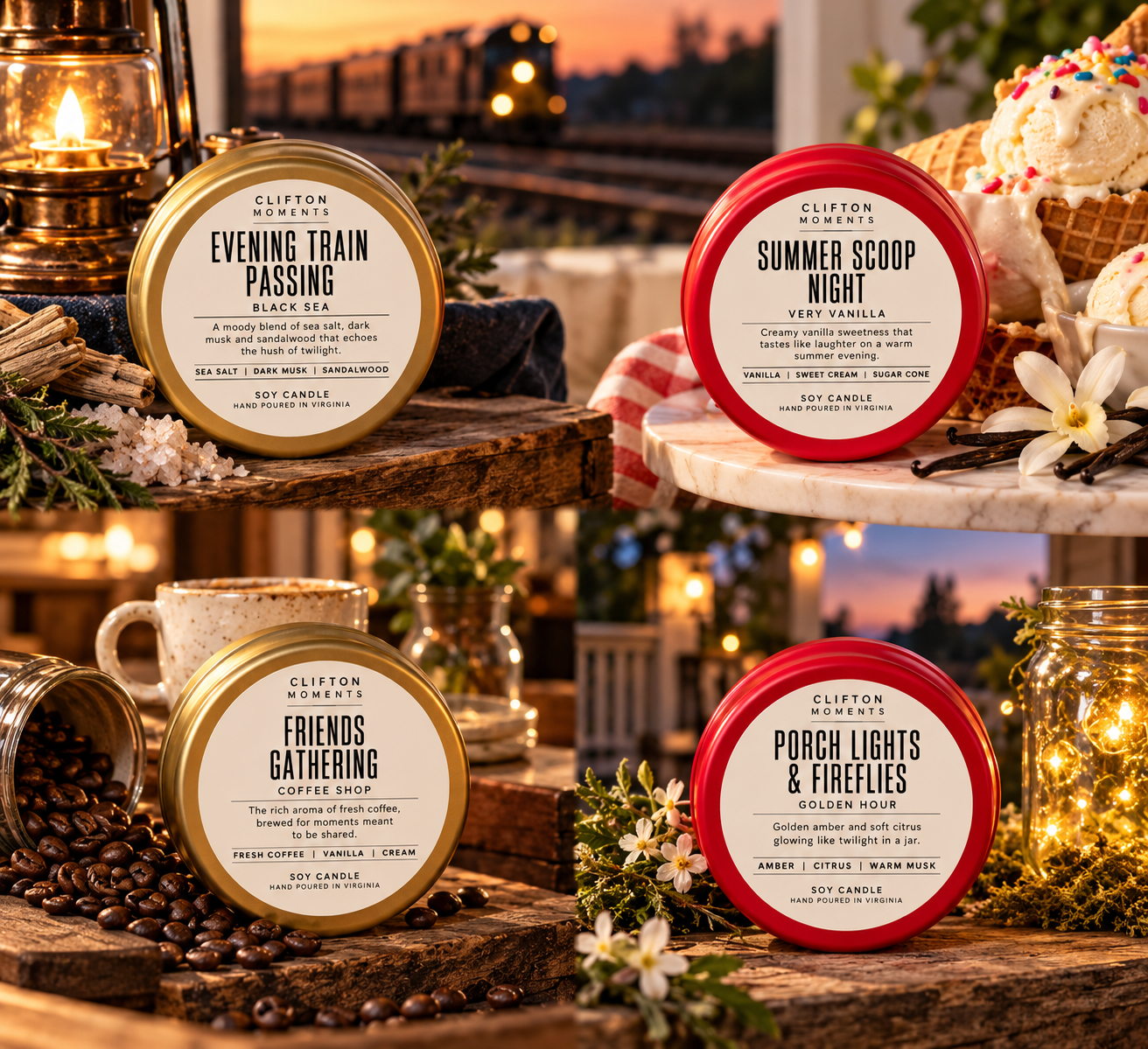 Clifton Moments Candle Collection – 3oz Soy Scented Candles- Evening Train Passing – Black Sea, Summer Scoop Night – Very Vanilla. Friends Gathering – Coffee Shop, Porch Lights &amp; Fireflies – Golden Hour