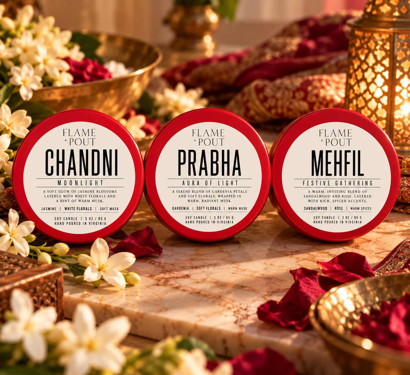 Prakasham – Diwali Candle Collection (Set of 3 Mini Candles) - Sandalwood Rose, Jasmine,  Gardenia  - Indian scents